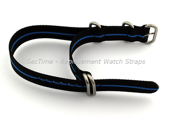 20mm Black/Blue - Nylon Watch Strap/Band Strong Heavy Duty (4/5 rings) Military