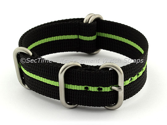 20mm Black/Green - Nylon Watch Strap/Band Strong Heavy Duty (4/5 rings) Military