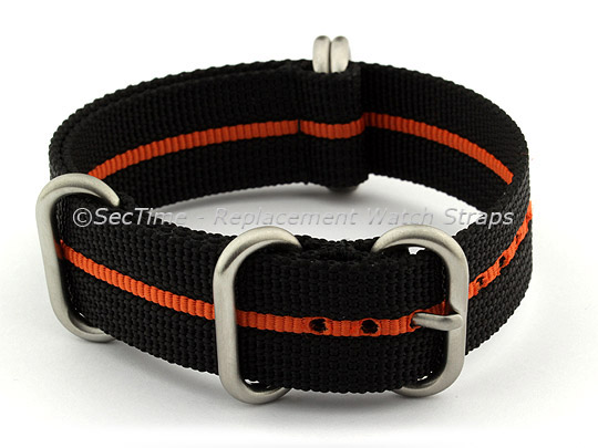 22mm Black/Orange - Nylon Watch Strap/Band Strong Heavy Duty(4/5 rings) Military