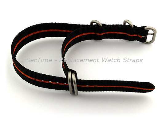 22mm Black/Orange - Nylon Watch Strap/Band Strong Heavy Duty(4/5 rings) Military