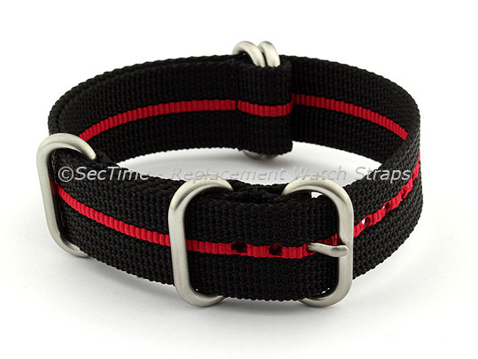 18mm Black/Red - Nylon Watch Strap / Band Strong Heavy Duty (4/5 rings) Military