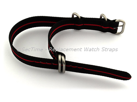 24mm Black/Red - Nylon Watch Strap / Band Strong Heavy Duty (4/5 rings) Military