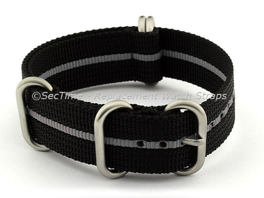 NATO Nylon Watch Strap Strong Heavy Duty (4/5 rings) Military Black/Grey 24mm