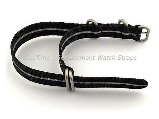 NATO Nylon Watch Strap Strong Heavy Duty (4/5 rings) Military Black/Grey 26mm