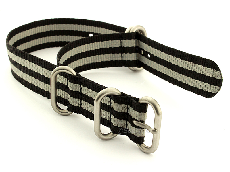 NATO Nylon Watch Strap Strong Heavy Duty 4/5 ringsMilitary Black/Grey (JB) 22mm