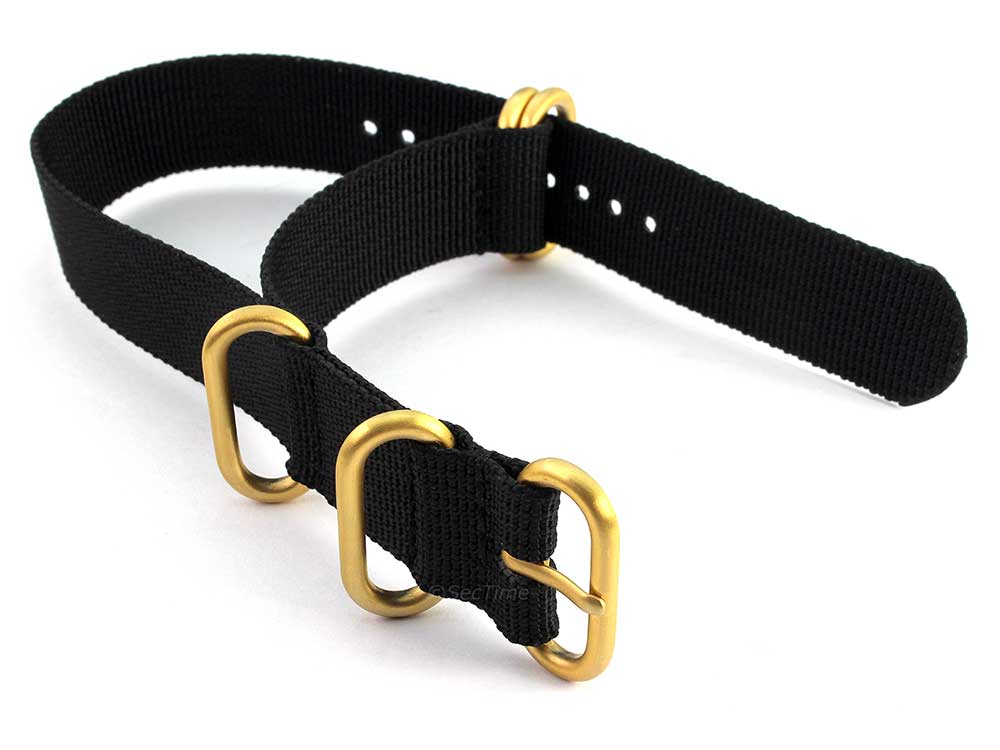 22mm Black (Yellow Gold) - Nato Nylon Watch Strap Strong Heavy Duty (4/5 rings)