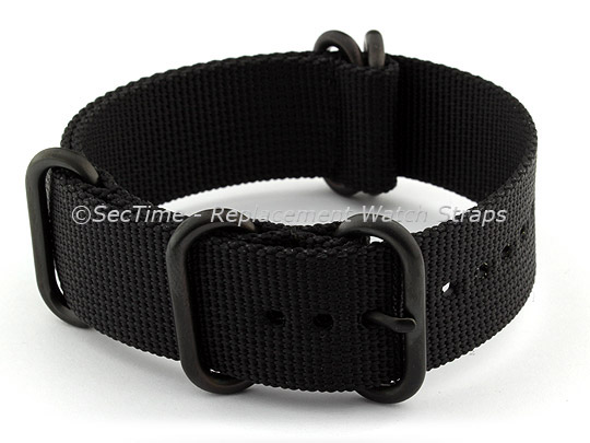 22mm Black - Nylon Watch Strap / Band Strong Heavy Duty (4/5 rings) PVD