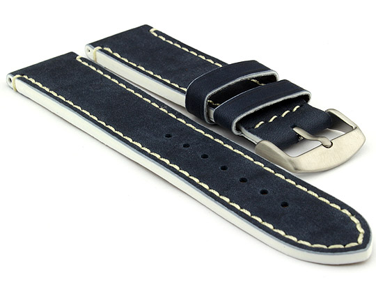 Genuine Leather Watch Band PORTO Navy Blue/White 22mm