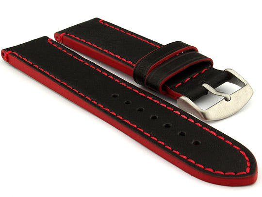 Genuine Leather Watch Band PORTO Black/Red 24mm
