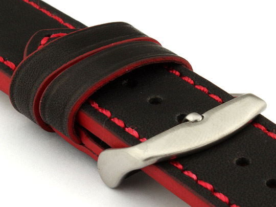 Genuine Leather Watch Band PORTO Black/Red 24mm