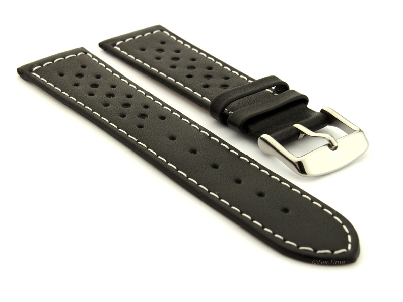 22mm Black/White - Genuine Leather Watch Strap / Band RIDER, Perforated