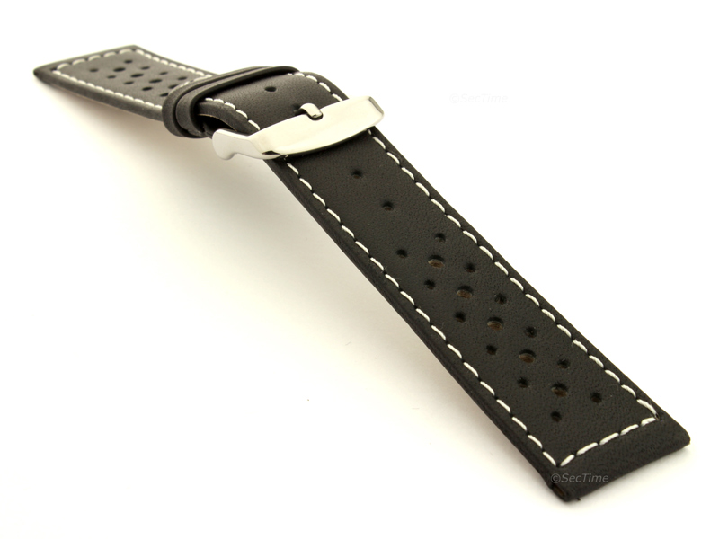 18mm Black/White - Genuine Leather Watch Strap / Band RIDER, Perforated