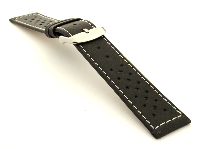 22mm Black/White - Genuine Leather Watch Strap / Band RIDER, Perforated