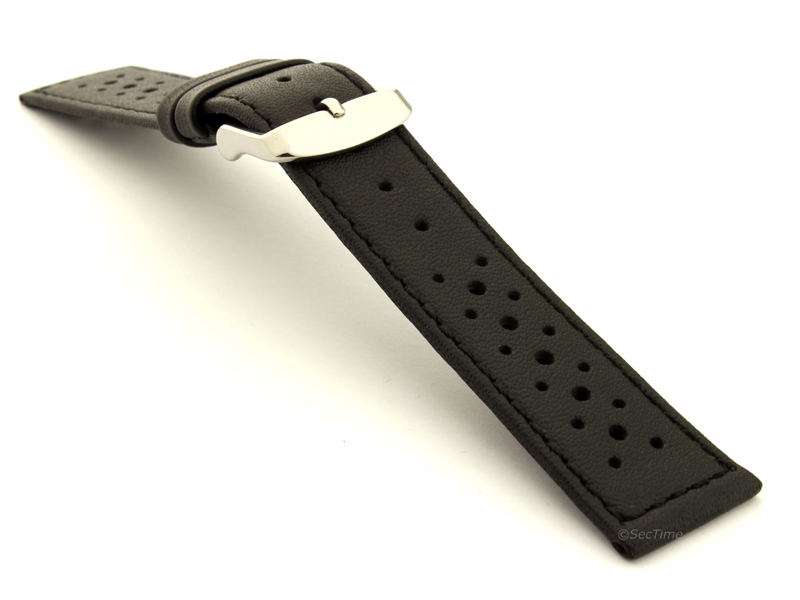 18mm Black/Black - Genuine Leather Watch Strap / Band RIDER, Perforated