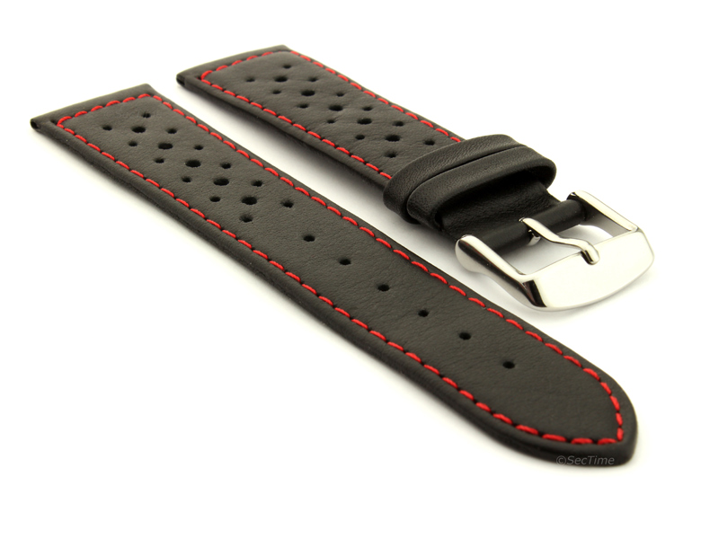 22mm Black/Red - Genuine Leather Watch Strap / Band RIDER, Perforated