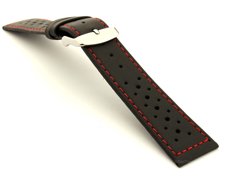 18mm Black/Red - Genuine Leather Watch Strap / Band RIDER, Perforated
