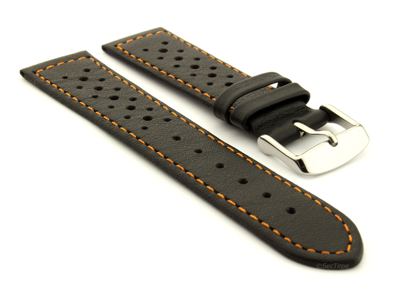 22mm Black/Orange - Genuine Leather Watch Strap / Band RIDER, Perforated