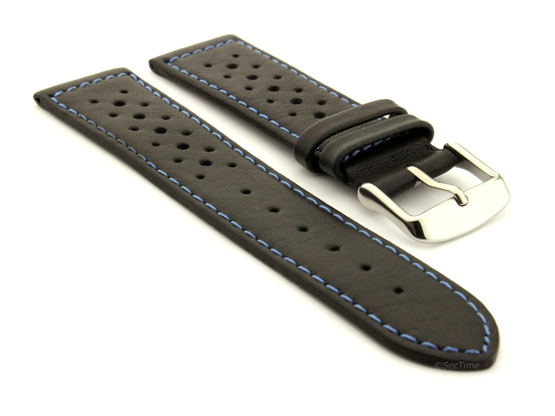 20mm Black/Blue - Genuine Leather Watch Strap / Band RIDER, Perforated
