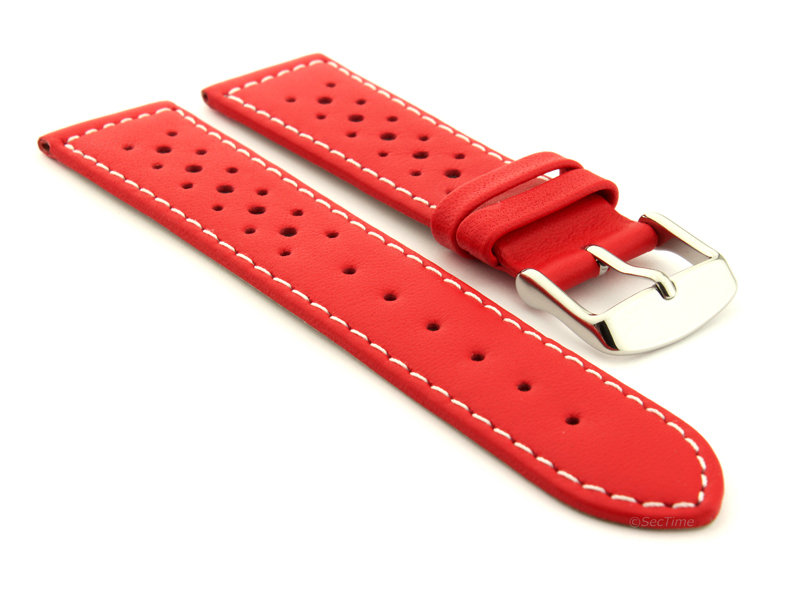 20mm Red/White - Genuine Leather Watch Strap / Band RIDER, Perforated