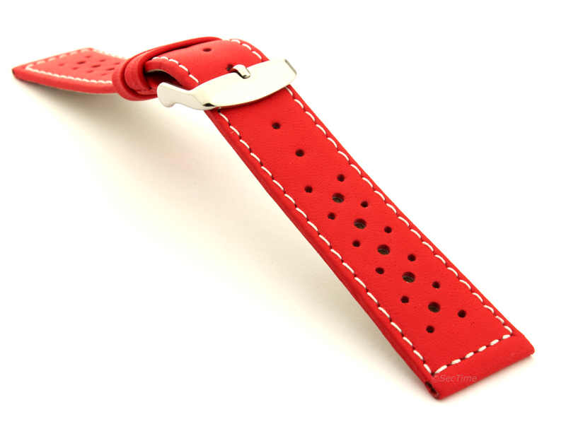 20mm Red/White - Genuine Leather Watch Strap / Band RIDER, Perforated