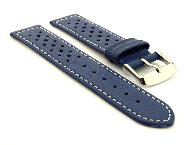 18mm Blue/White - Genuine Leather Watch Strap / Band RIDER, Perforated