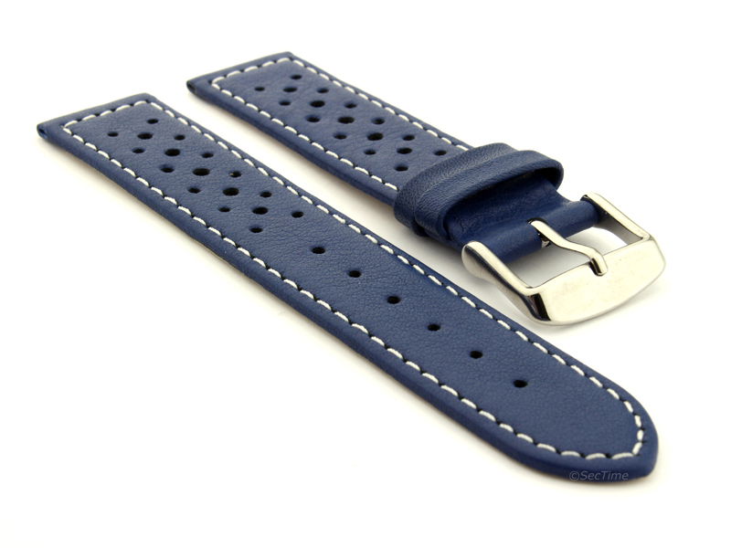 20mm Blue/White - Genuine Leather Watch Strap / Band RIDER, Perforated