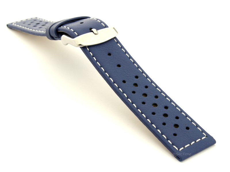 18mm Blue/White - Genuine Leather Watch Strap / Band RIDER, Perforated