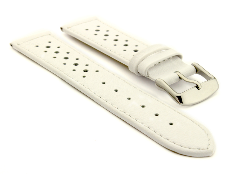 20mm White/White -  Genuine Leather Watch Strap / Band RIDER, Perforated