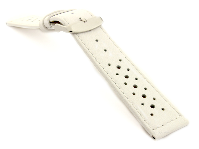 22mm White/White - Genuine Leather Watch Strap / Band RIDER, Perforated