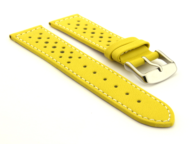 22mm Yellow/White - Genuine Leather Watch Strap / Band RIDER, Perforated