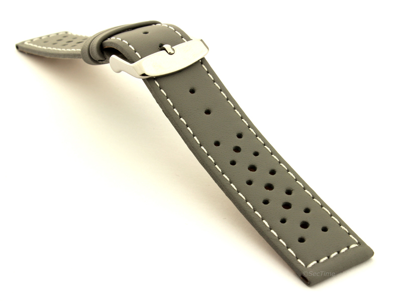 22mm Grey/White - Genuine Leather Watch Strap / Band RIDER, Perforated