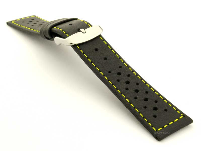 20mm Black/Yellow - Genuine Leather Watch Strap / Band RIDER, Perforated