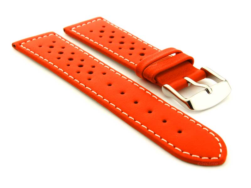 22mm Orange/White - Genuine Leather Watch Strap / Band RIDER, Perforated