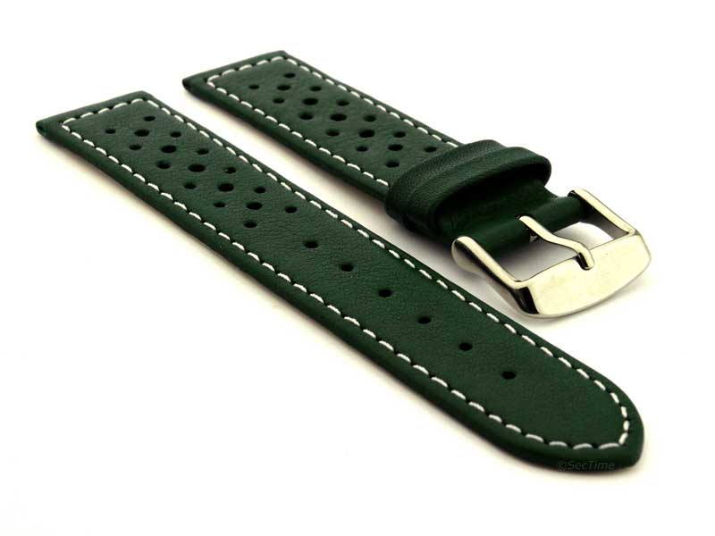 18mm Dark Green/White - Genuine Leather Watch Strap / Band RIDER, Perforated