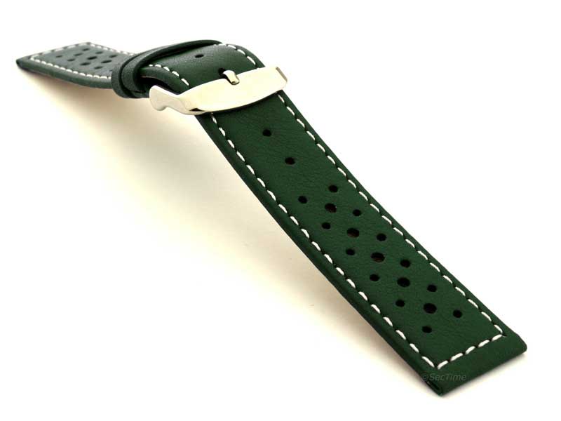 18mm Dark Green/White - Genuine Leather Watch Strap / Band RIDER, Perforated