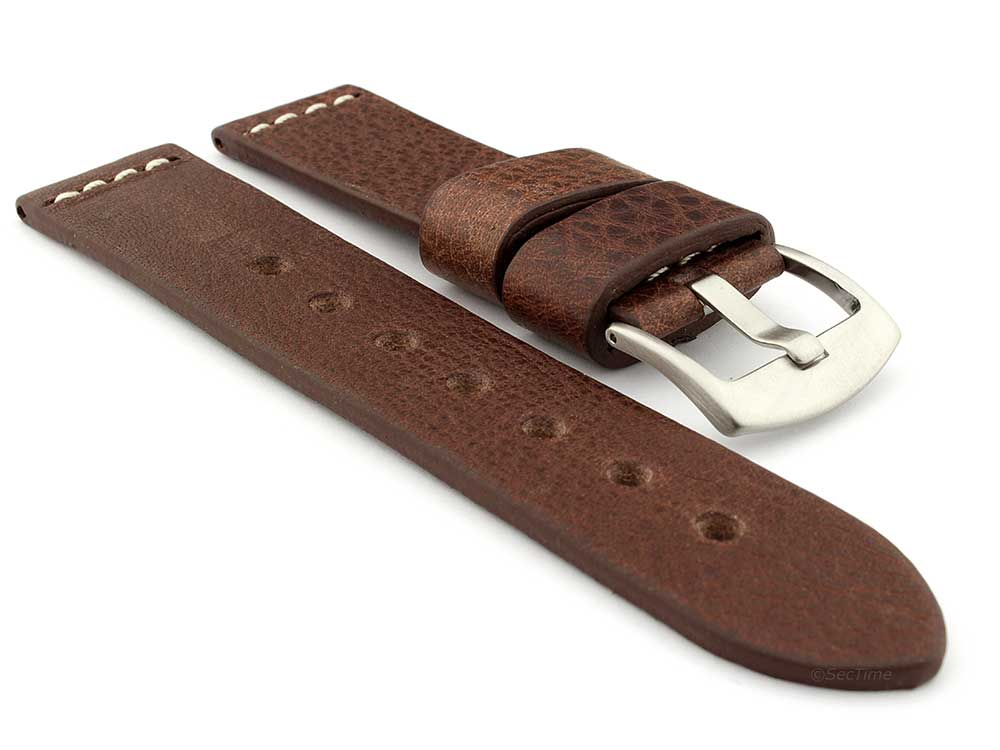 Genuine Leather Watch Strap RIVIERA Extra Long Dark Brown/White 24mm