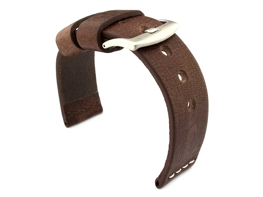 Genuine Leather Watch Strap RIVIERA Extra Long Dark Brown/White 18mm