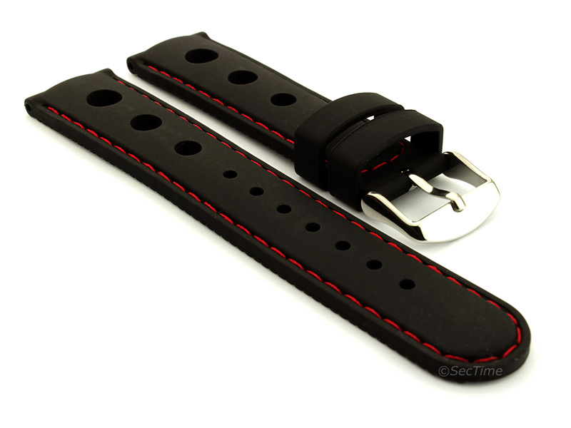 WATCH STRAP Silicon SPORTS Waterproof Stainless Steel Buckle Black/Red 20mm