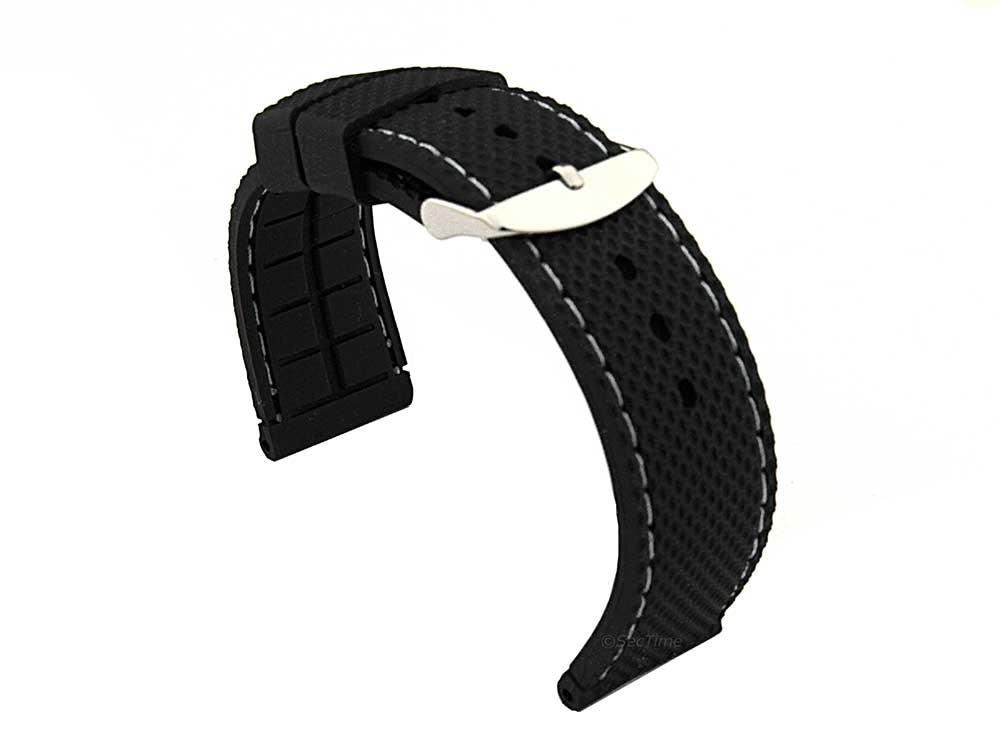 16mm Black/White - Silicon Watch Strap / Band with Thread, Waterproof