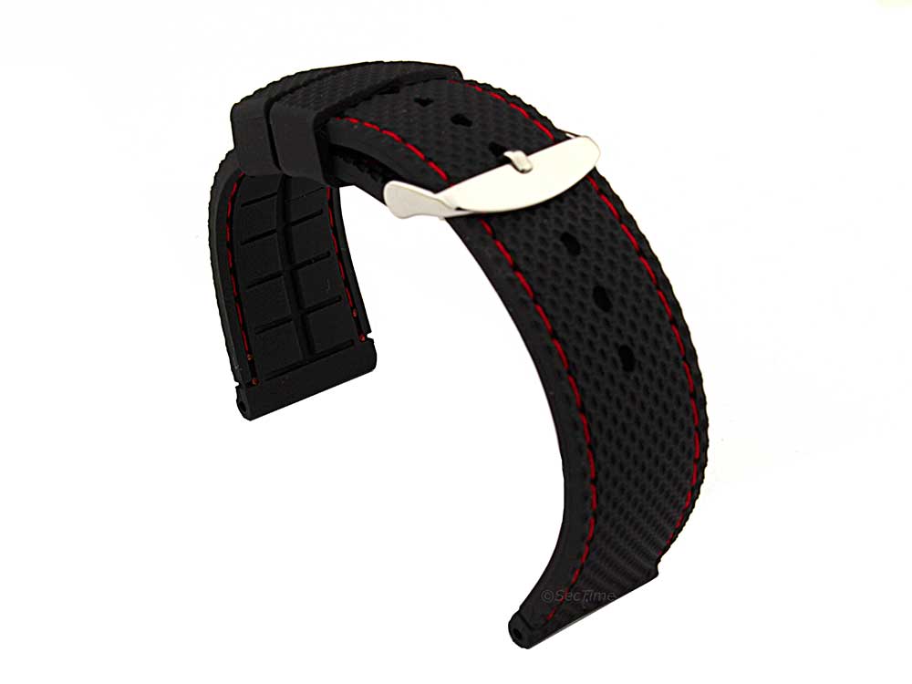 24mm Black/Red - Silicon Watch Strap / Band with Thread, Waterproof